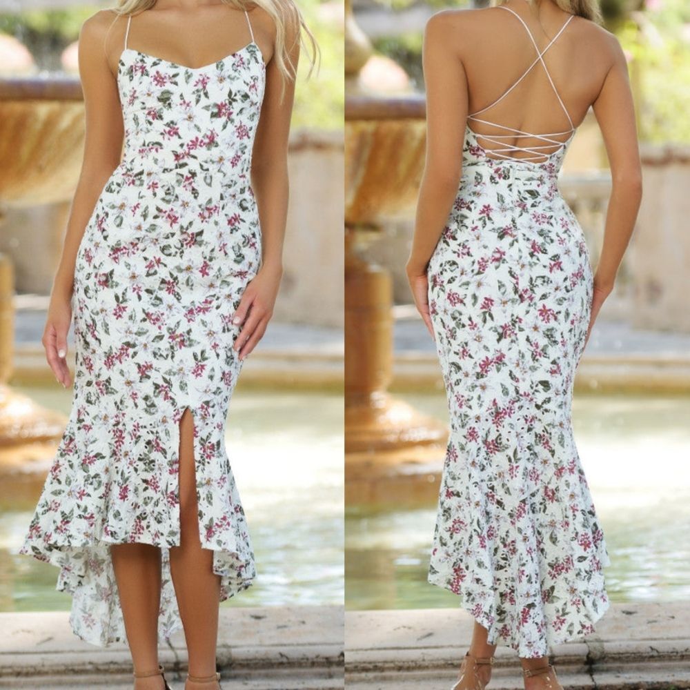Two Sisters NWT White Floral Michaela Midi Cocktail Dress Ruffle High Low 2 XS